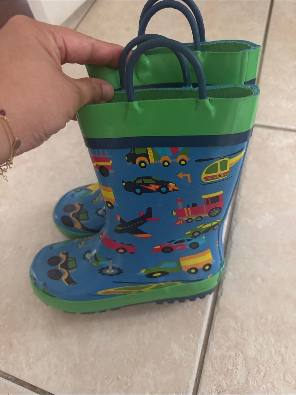 Kids Blue & Green Vehicle Rain Boots with Easy Pull Handles size 12